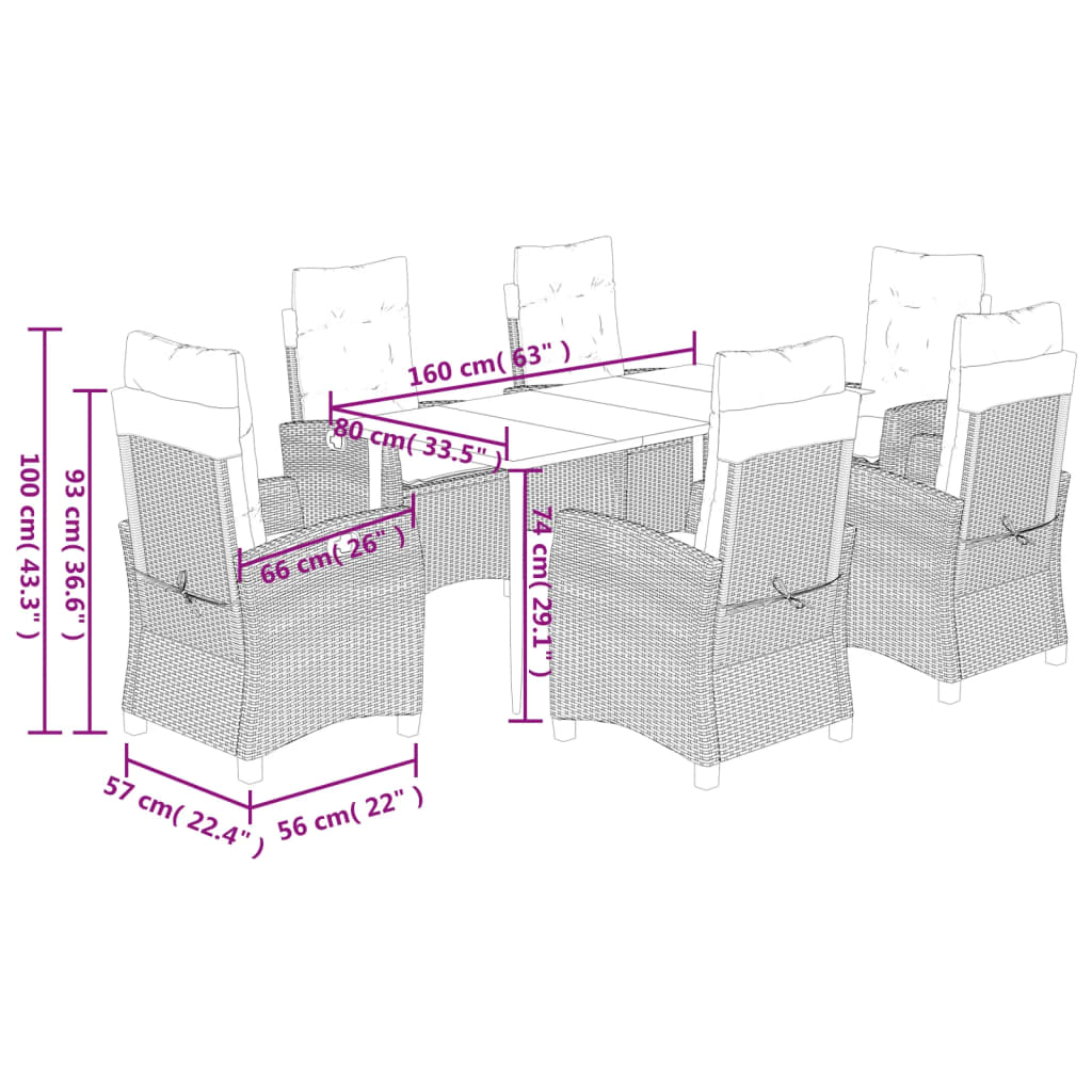 7 pcs conjunto jantar p/ jardim c/ almofadões vime PE castanho