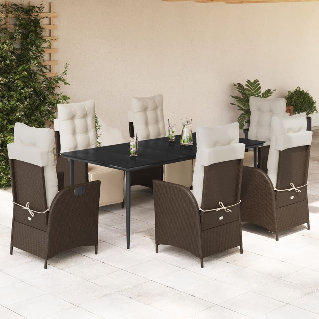 7 pcs conjunto jantar p/ jardim c/ almofadões vime PE castanho