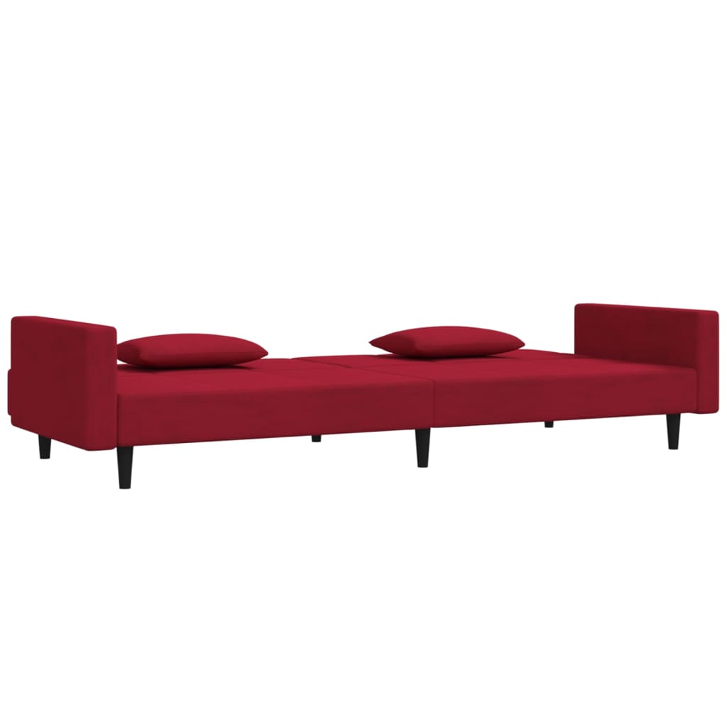 Sofá-cama 2 lugares com duas almofadas veludo vermelho tinto
