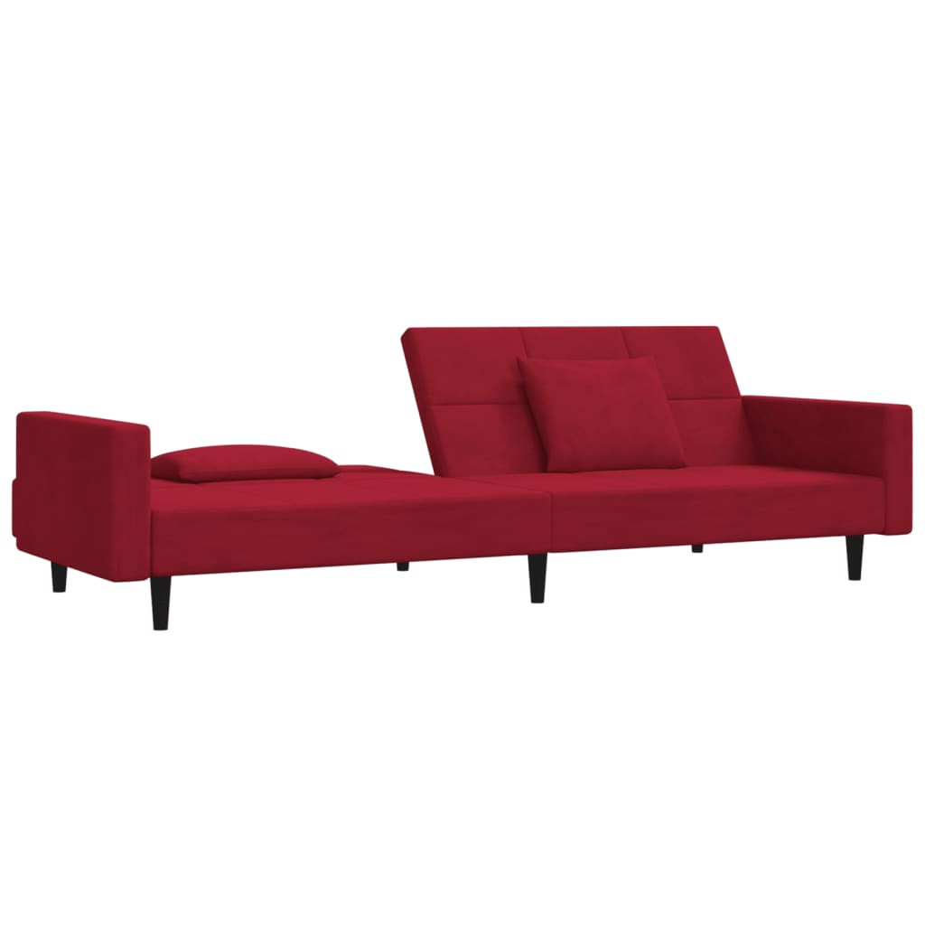 Sofá-cama 2 lugares com duas almofadas veludo vermelho tinto