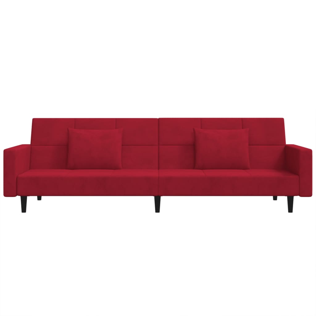 Sofá-cama 2 lugares com duas almofadas veludo vermelho tinto