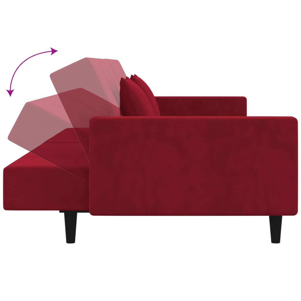 Sofá-cama 2 lugares com duas almofadas veludo vermelho tinto
