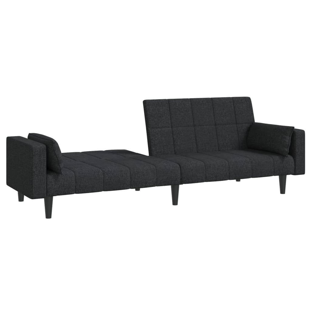 2-seater sofa bed with two black fabric cushions