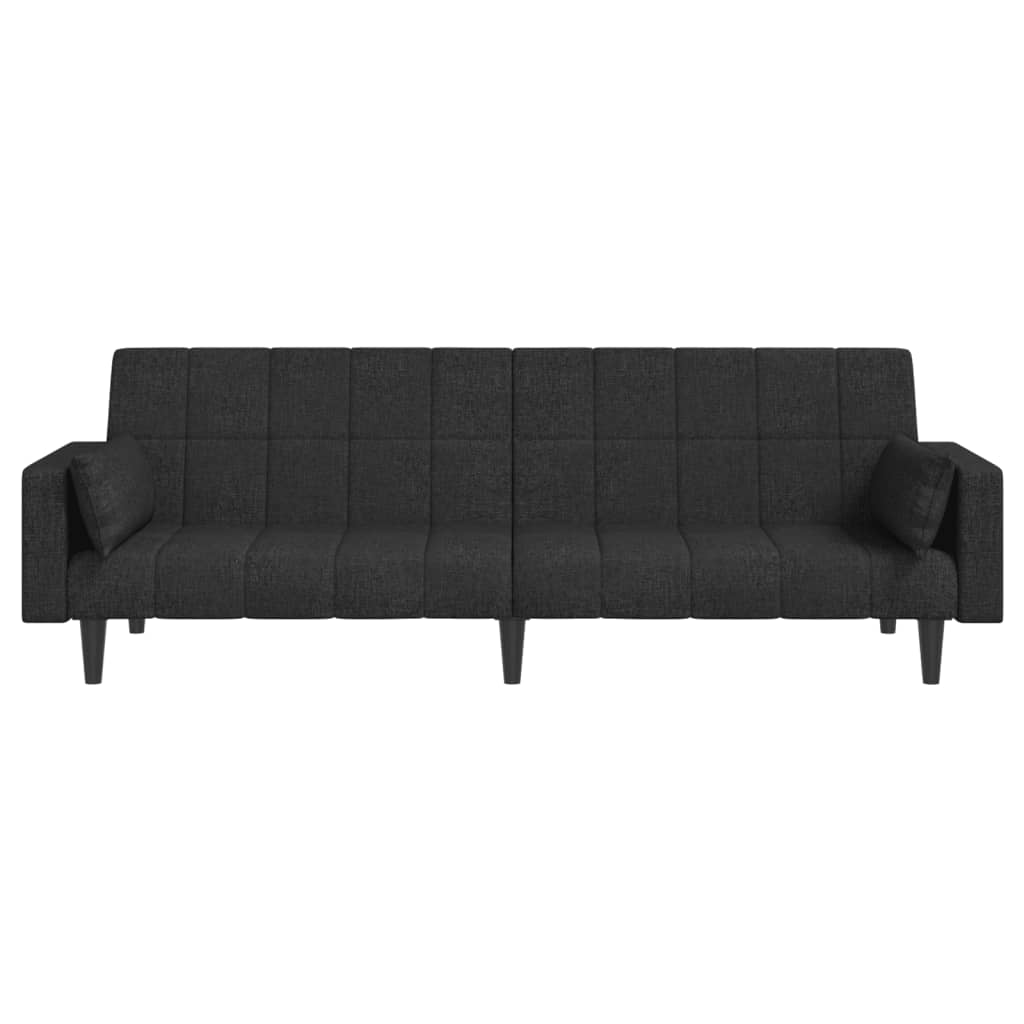 2-seater sofa bed with two black fabric cushions
