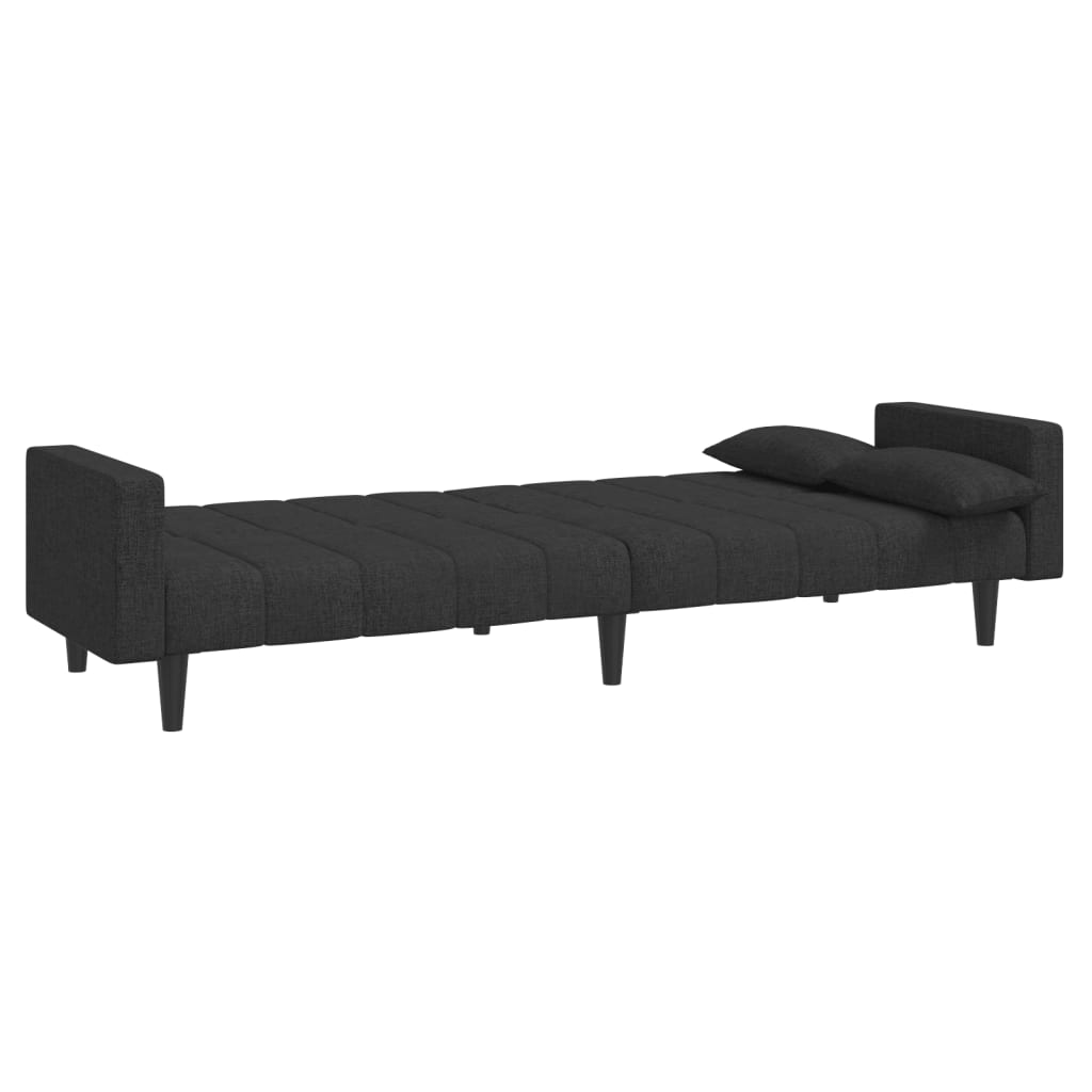 2-seater sofa bed with two black fabric cushions