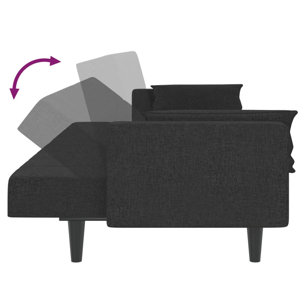 2-seater sofa bed with two black fabric cushions