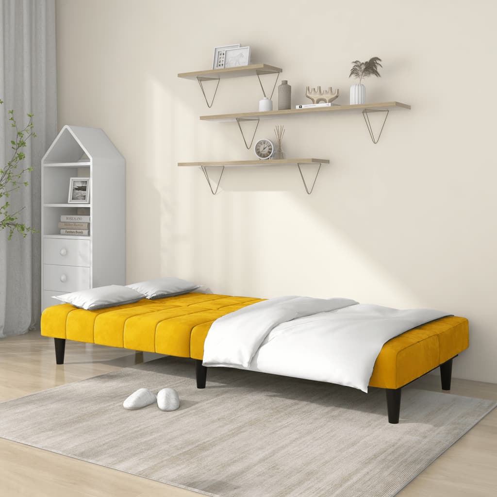 Yellow velvet 2-seater sofa bed