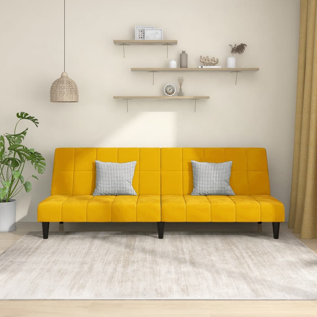Yellow velvet 2-seater sofa bed