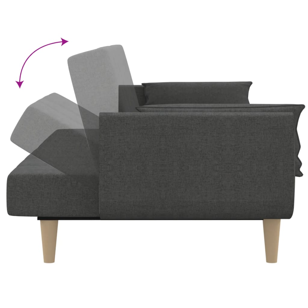 2-seater sofa bed with two cushions in dark grey fabric