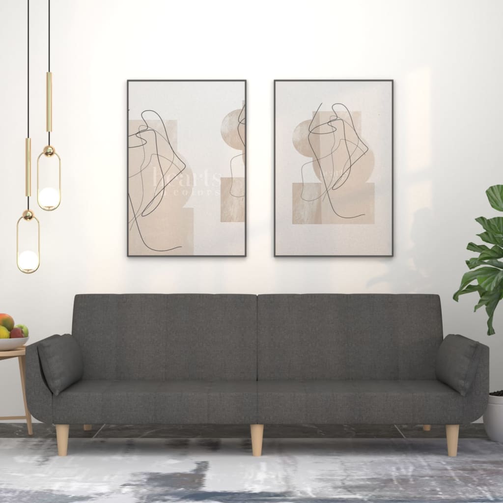 2-seater sofa bed with two cushions in dark grey fabric