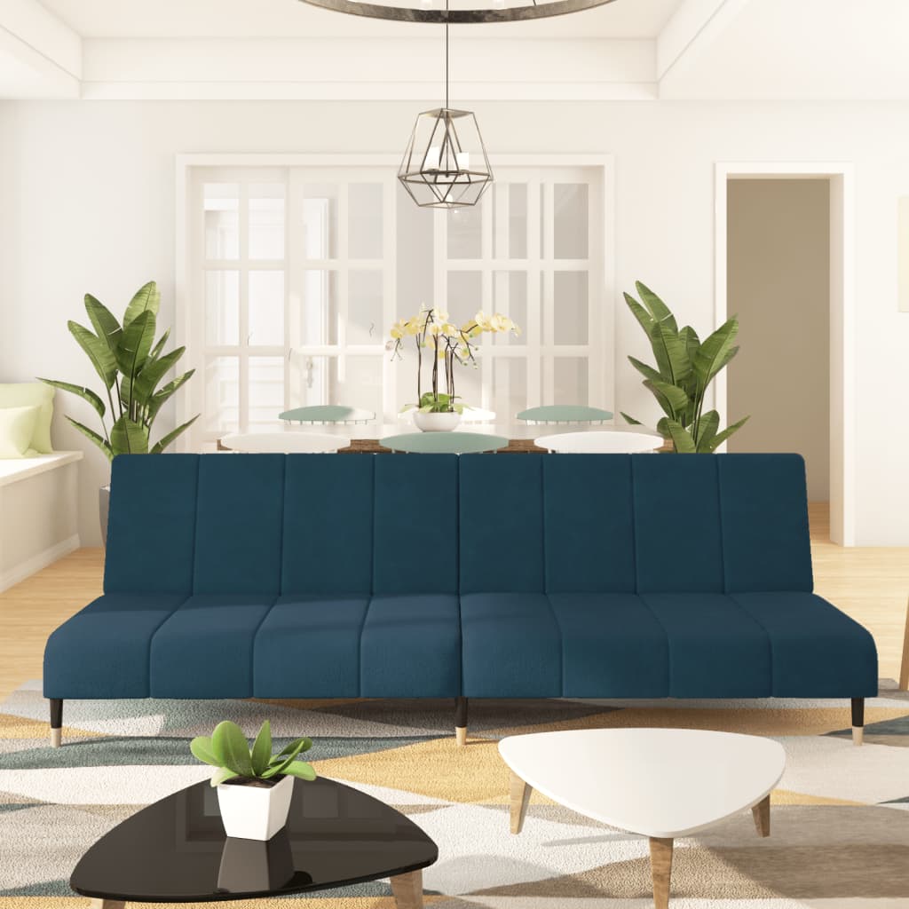 2-seater blue velvet sofa bed