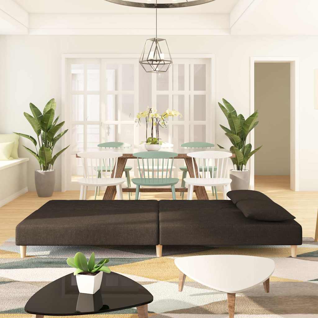 2-seater sofa bed with two brown fabric cushions