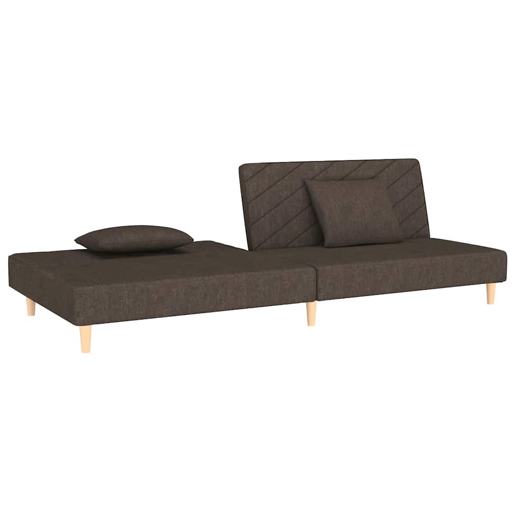 2-seater sofa bed with two brown fabric cushions