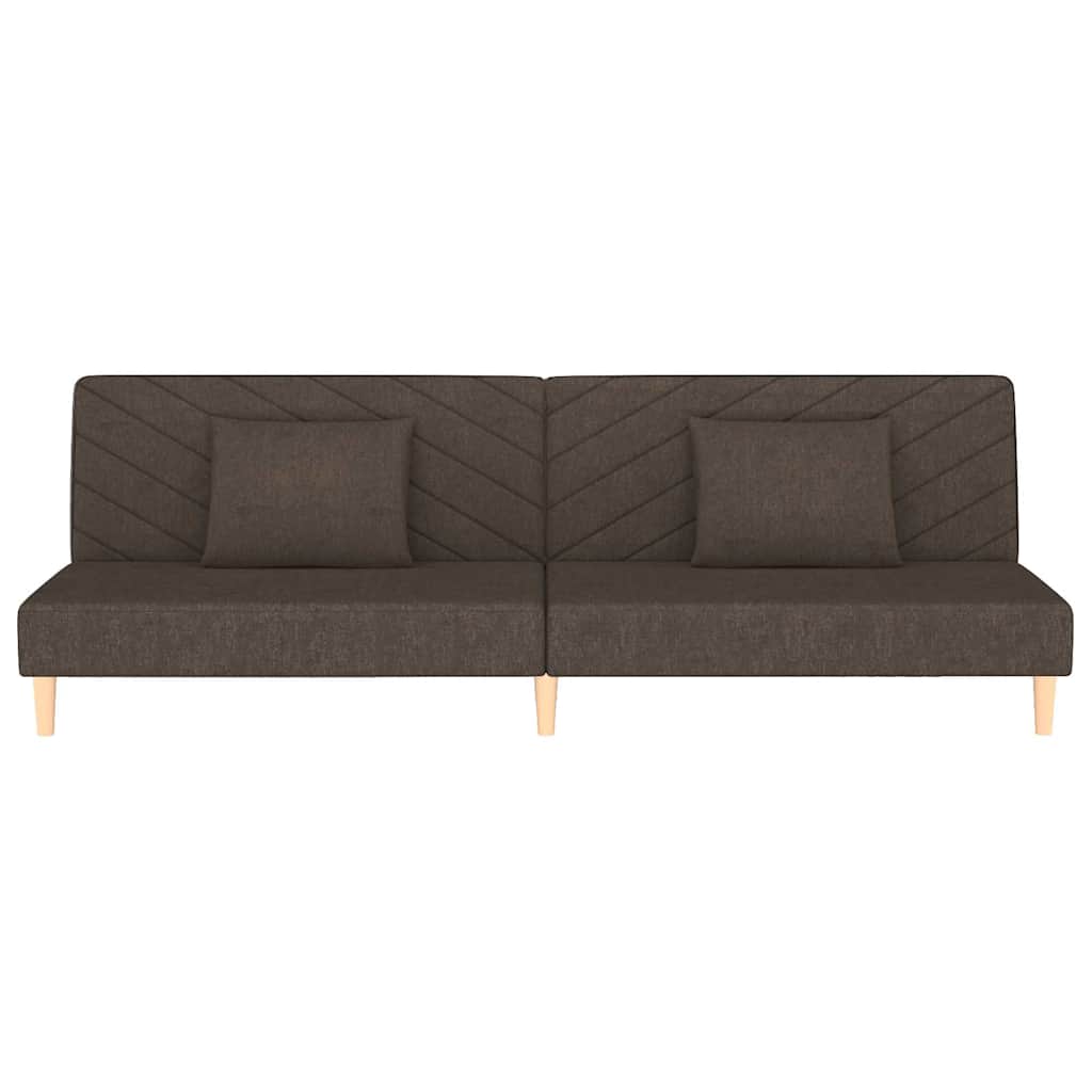 2-seater sofa bed with two brown fabric cushions