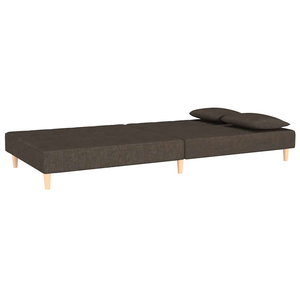 2-seater sofa bed with two brown fabric cushions