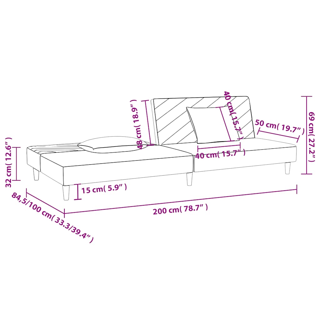 2-seater sofa bed with two brown fabric cushions