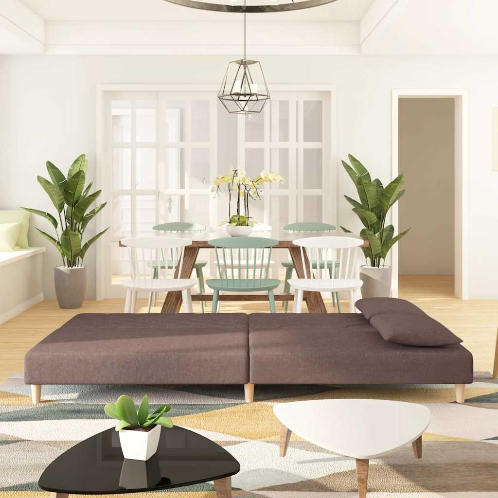2-seater sofa bed with two cushions in grey-brown fabric