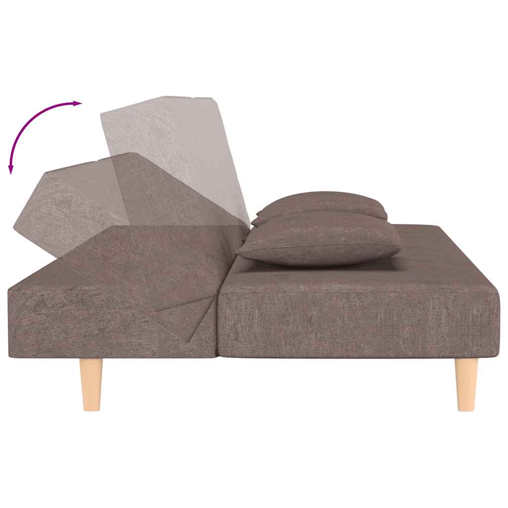 2-seater sofa bed with two cushions in grey-brown fabric