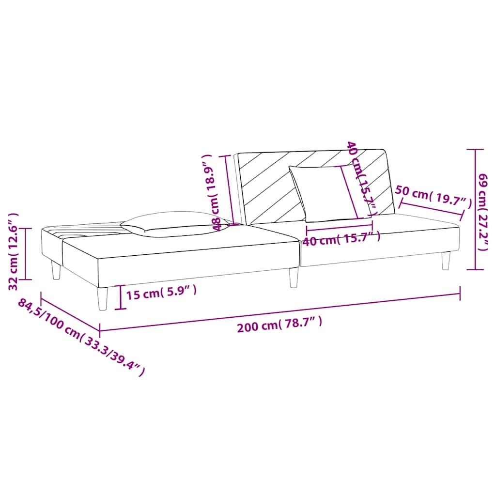 2-seater sofa bed with two cushions in grey-brown fabric