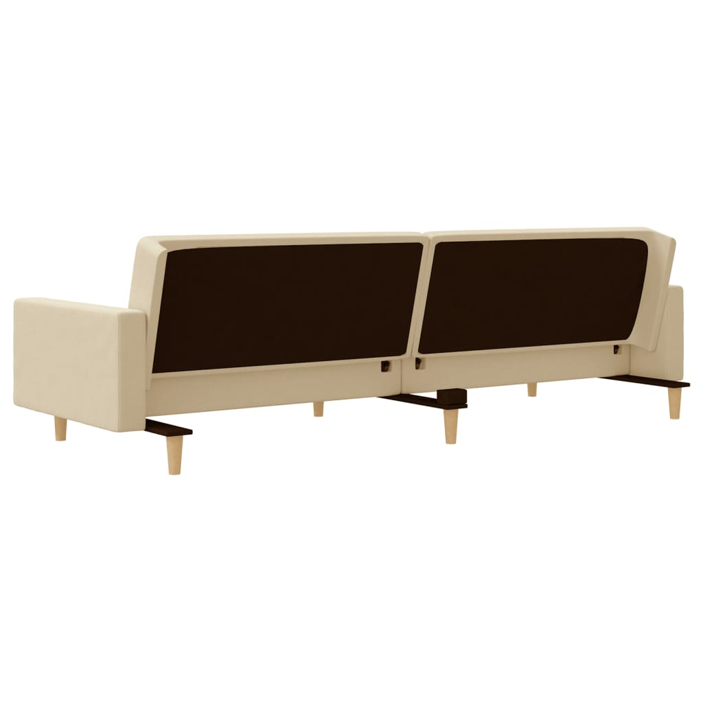 2-seater sofa bed with two cushions in cream-colored fabric