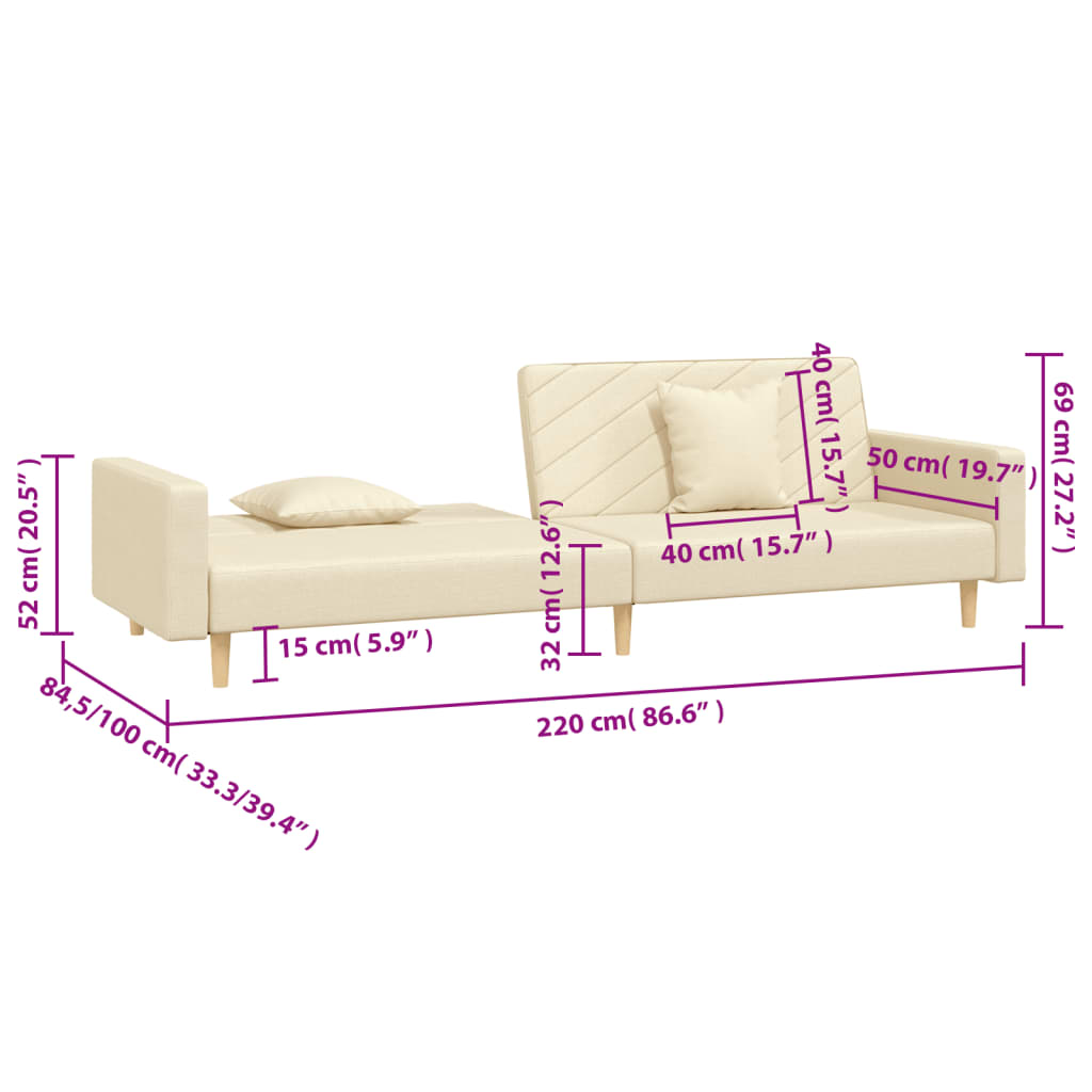 2-seater sofa bed with two cushions in cream-colored fabric