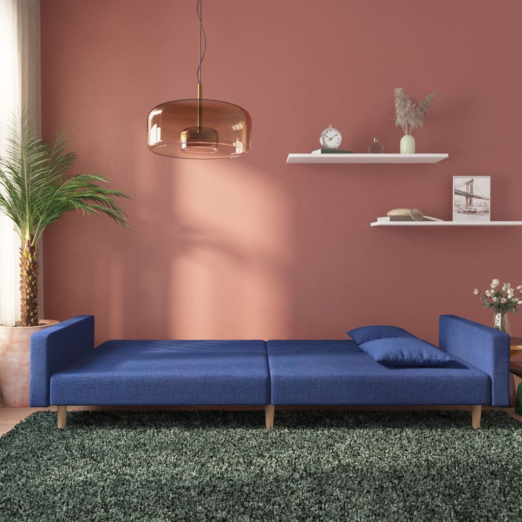 2-seater sofa bed with two blue fabric cushions