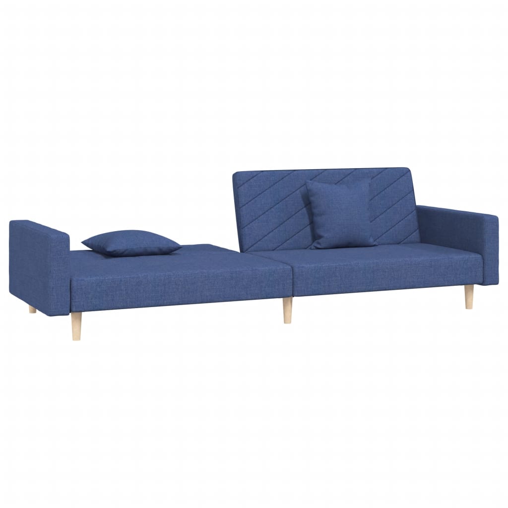 2-seater sofa bed with two blue fabric cushions