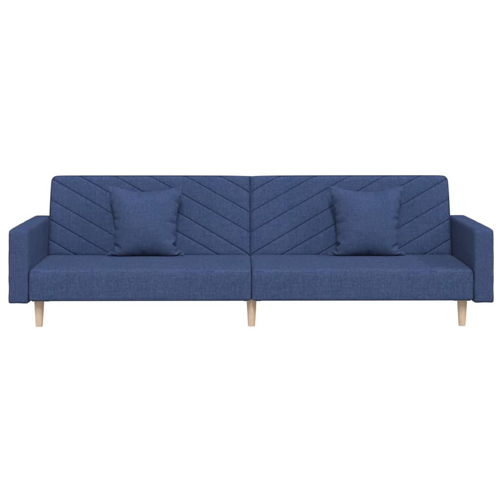 2-seater sofa bed with two blue fabric cushions