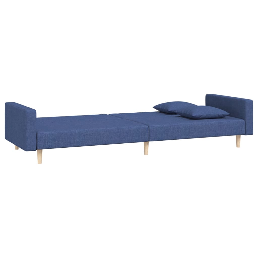 2-seater sofa bed with two blue fabric cushions