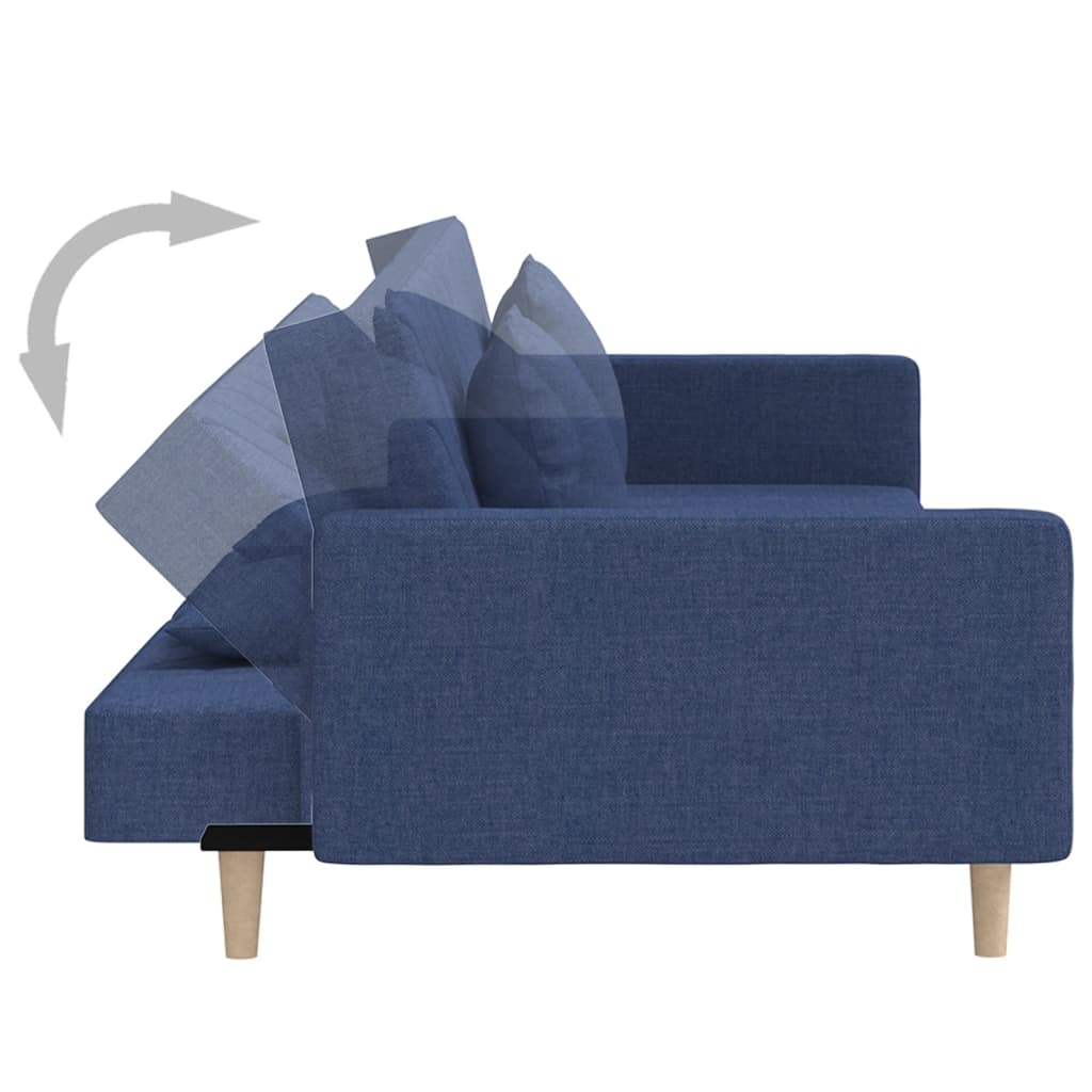 2-seater sofa bed with two blue fabric cushions