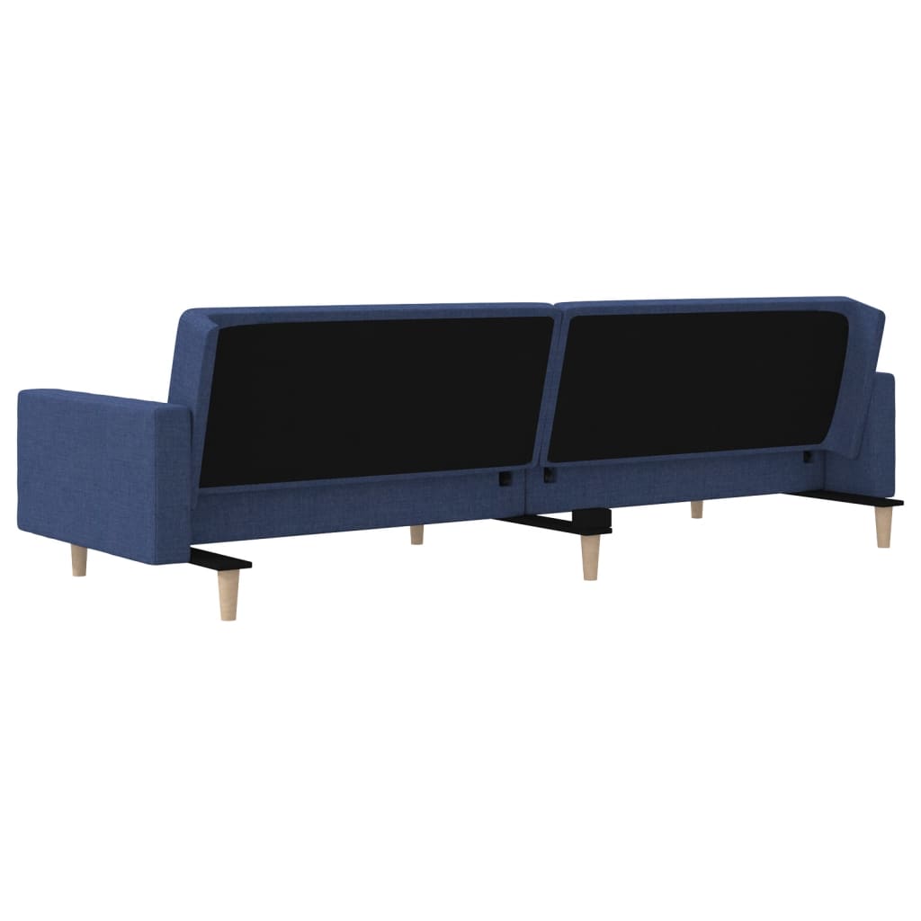 2-seater sofa bed with two blue fabric cushions