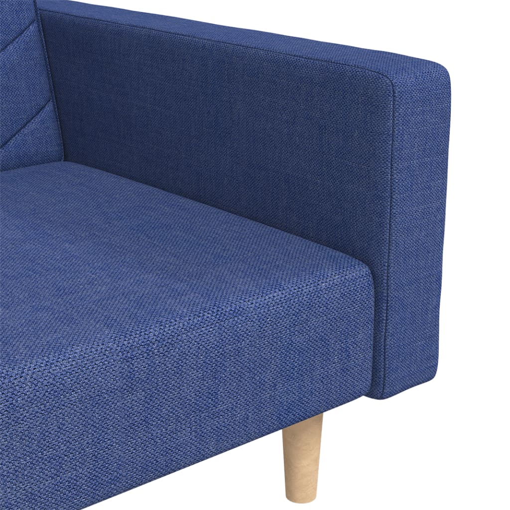 2-seater sofa bed with two blue fabric cushions