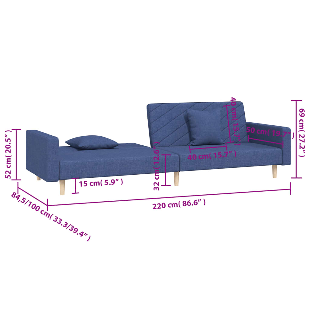 2-seater sofa bed with two blue fabric cushions