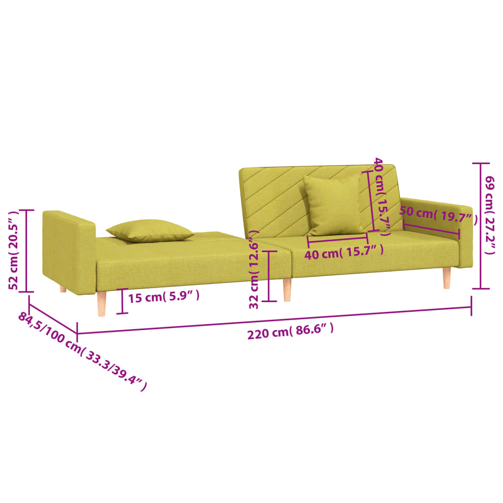Sofá-cama 2 lugares com duas almofadas tecido verde