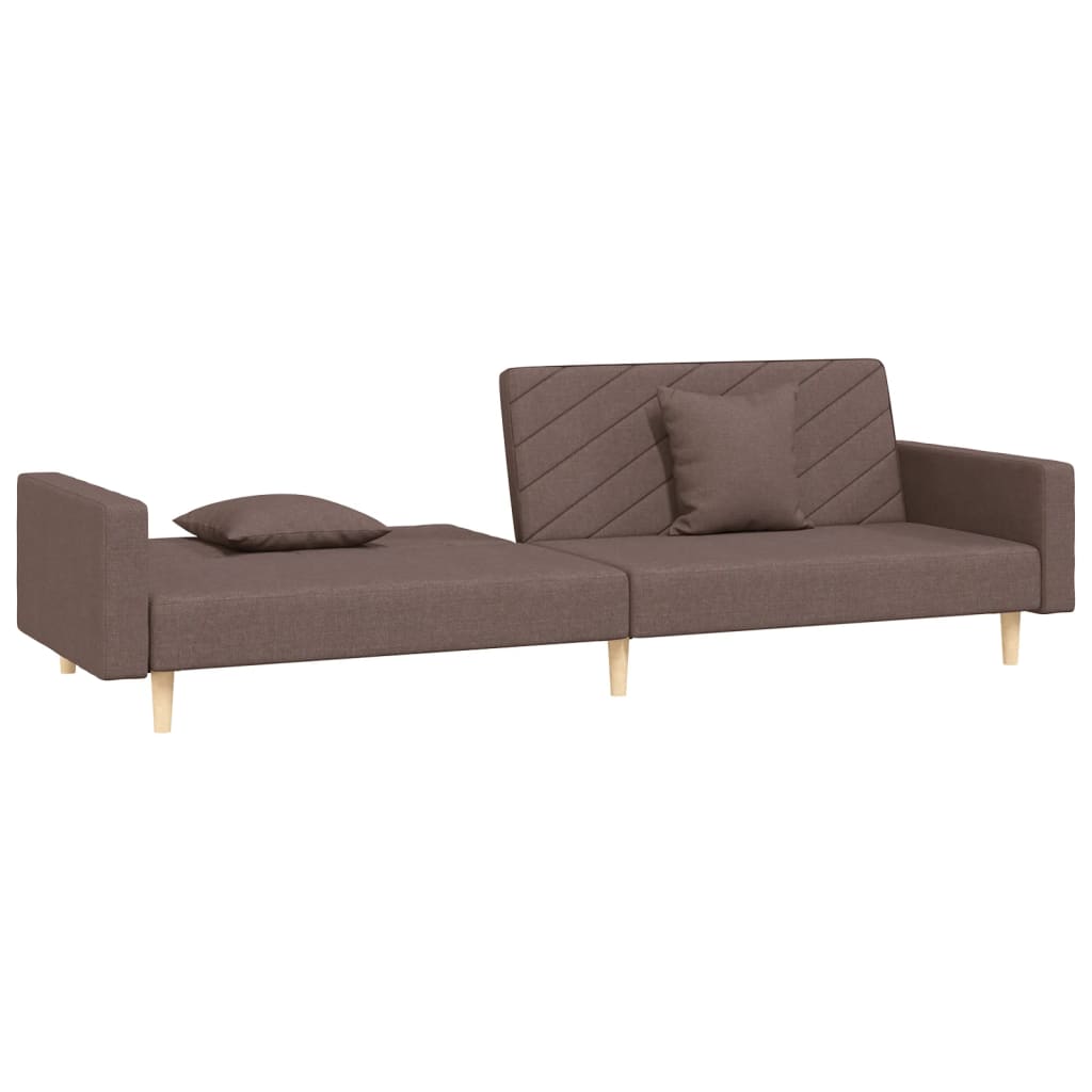 2-seater sofa bed with two cushions in grey-brown fabric