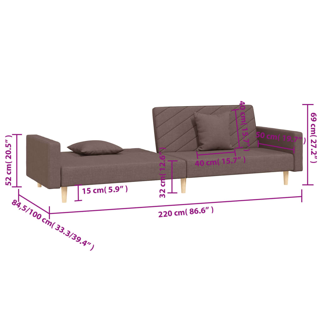2-seater sofa bed with two cushions in grey-brown fabric