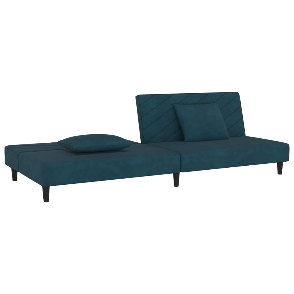 2-seater sofa bed with two blue velvet cushions