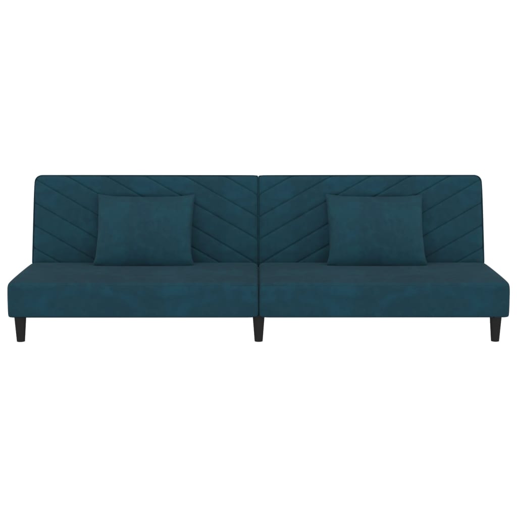 2-seater sofa bed with two blue velvet cushions
