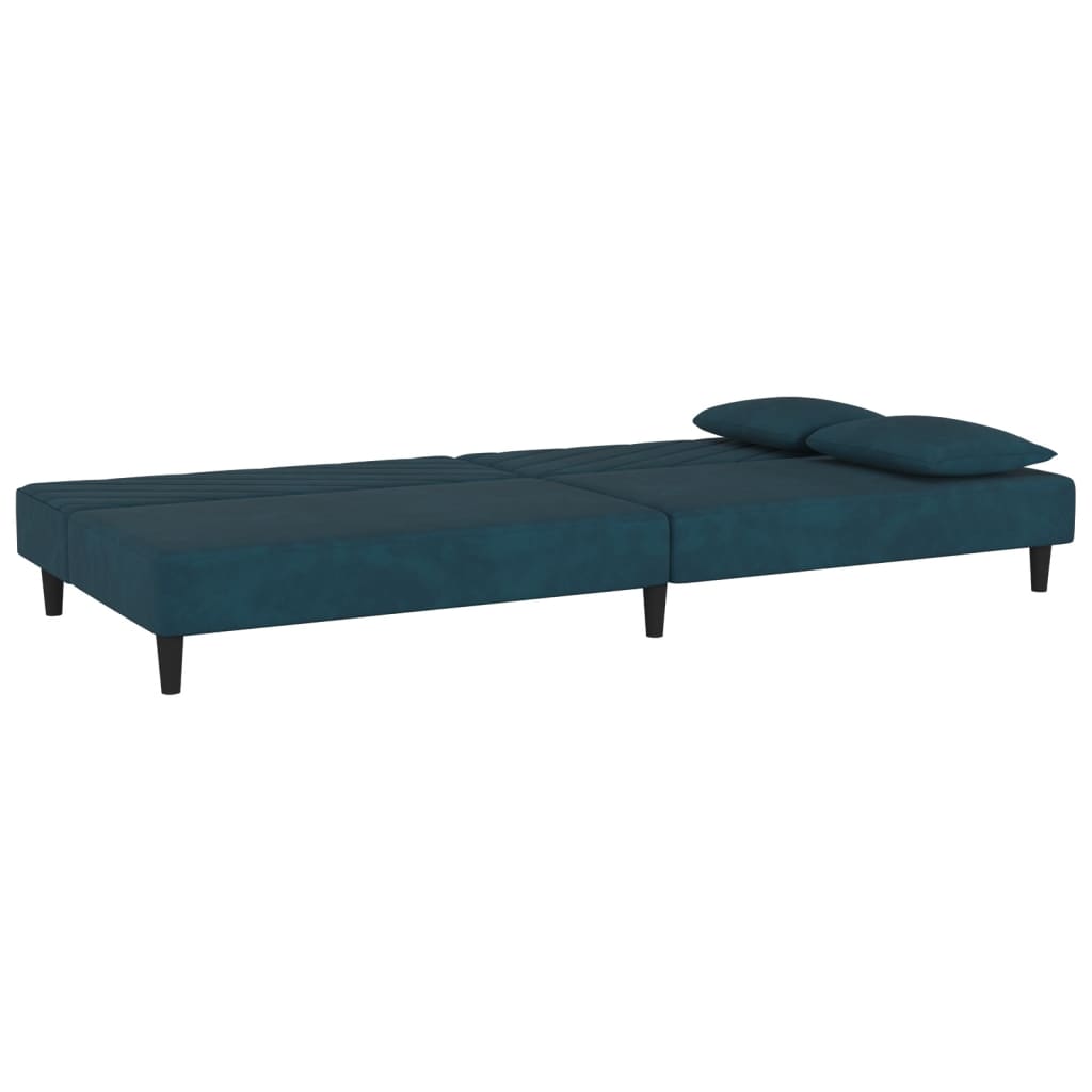 2-seater sofa bed with two blue velvet cushions