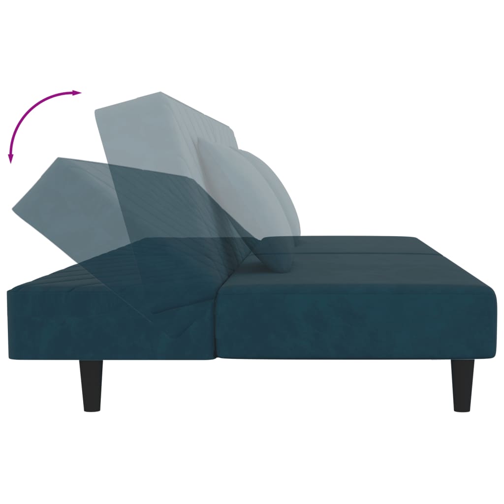2-seater sofa bed with two blue velvet cushions
