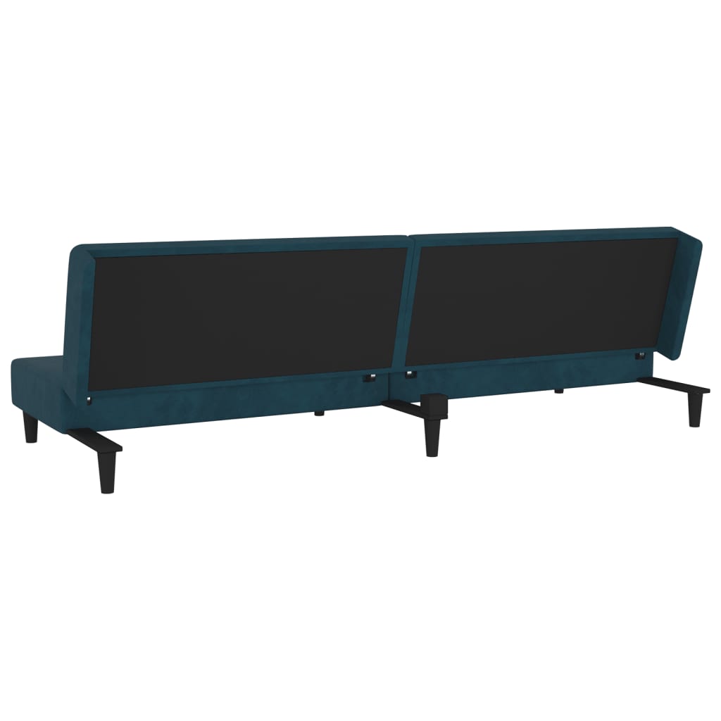 2-seater sofa bed with two blue velvet cushions