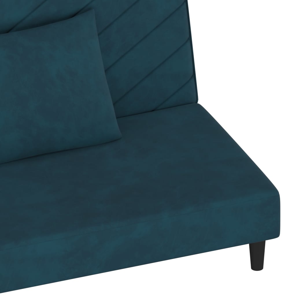 2-seater sofa bed with two blue velvet cushions