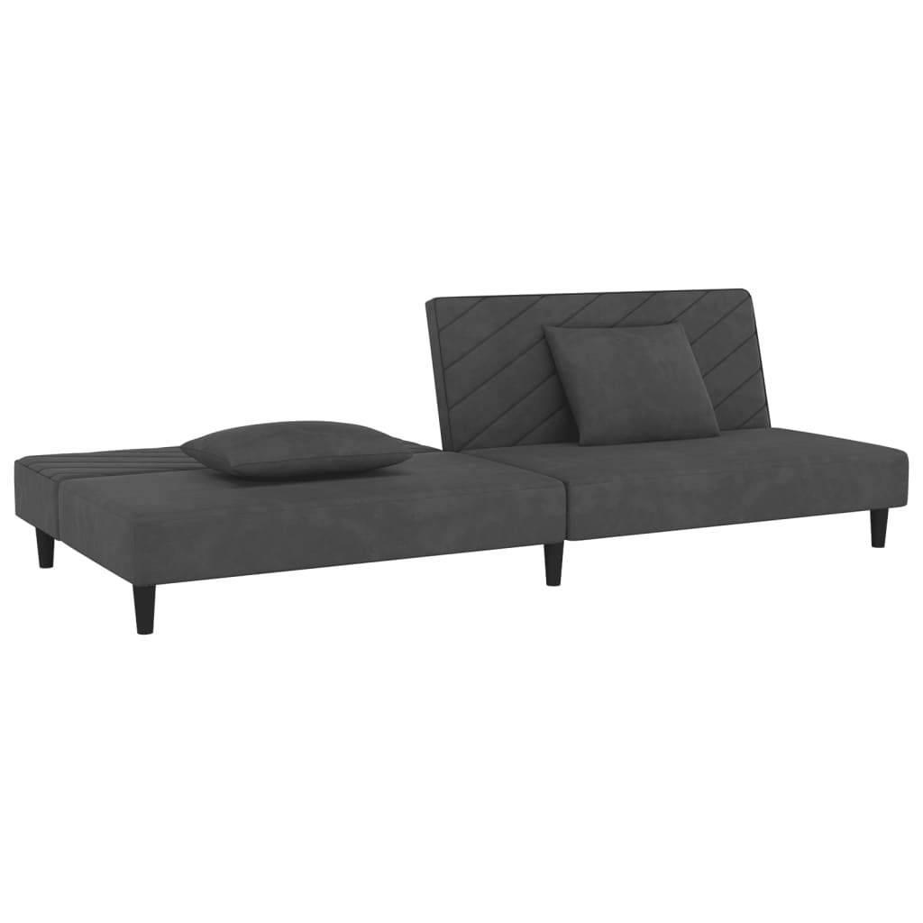 2-seater sofa bed with two dark grey velvet cushions