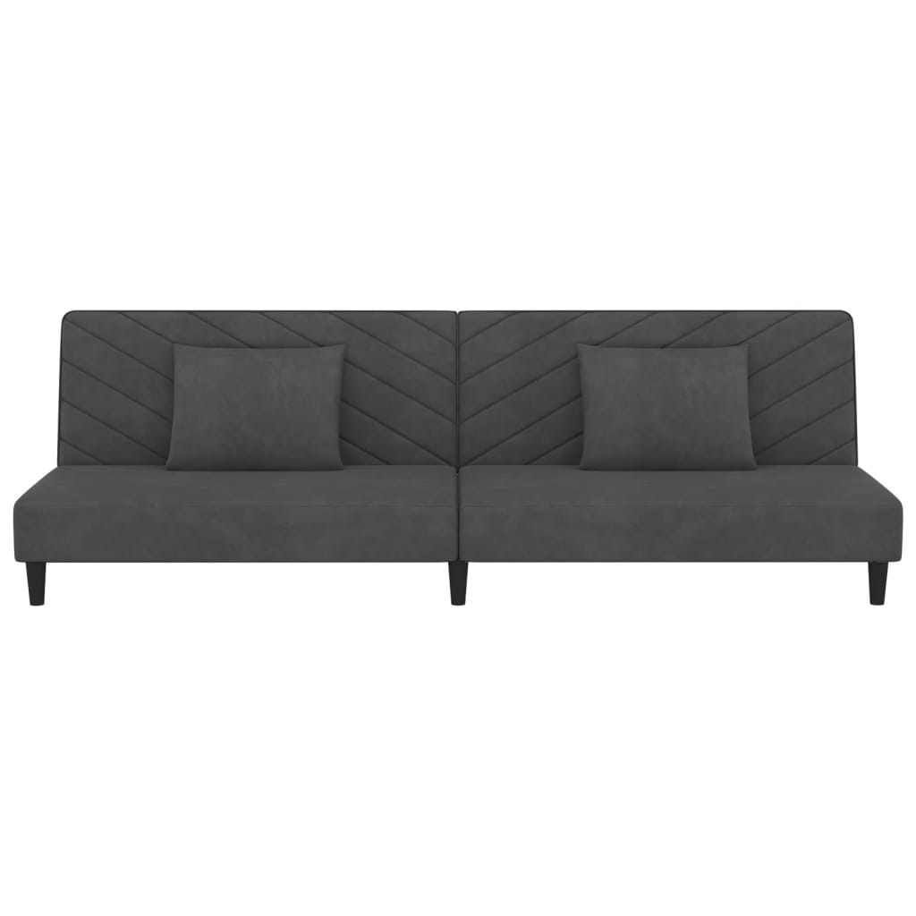 2-seater sofa bed with two dark grey velvet cushions