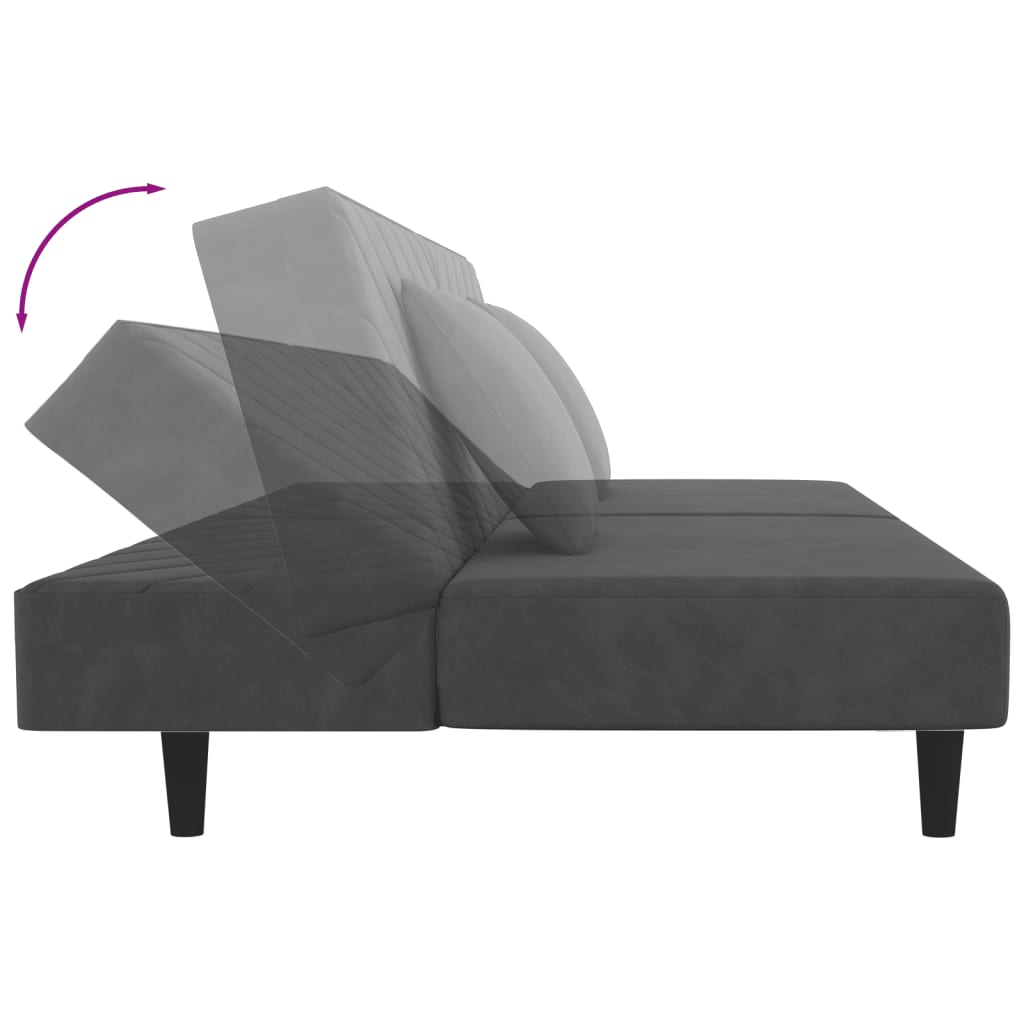 2-seater sofa bed with two dark grey velvet cushions
