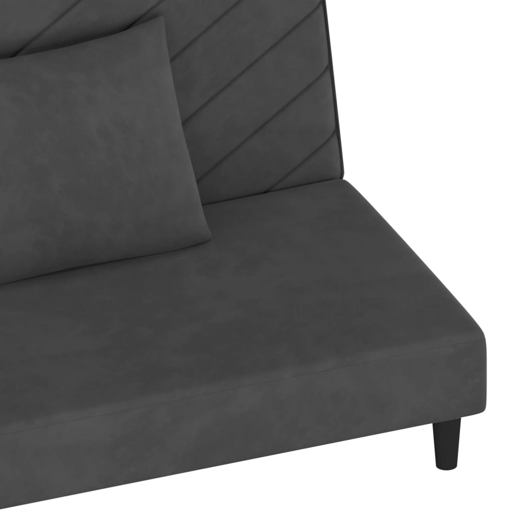 2-seater sofa bed with two dark grey velvet cushions