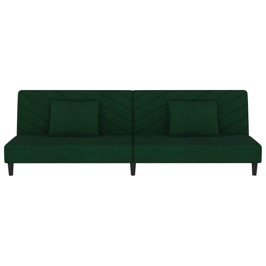 2-seater sofa bed with two dark green velvet cushions