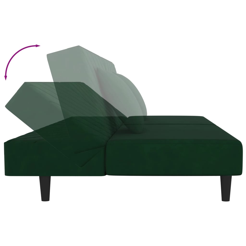 2-seater sofa bed with two dark green velvet cushions