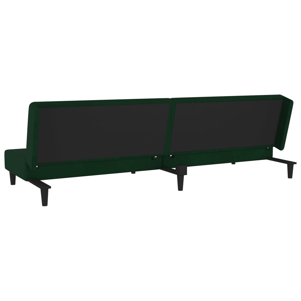 2-seater sofa bed with two dark green velvet cushions