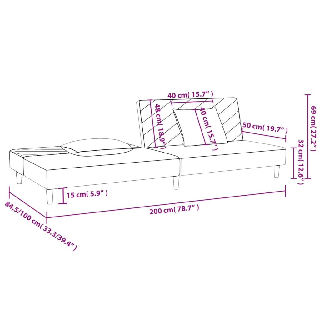 2-seater sofa bed with two pink velvet cushions